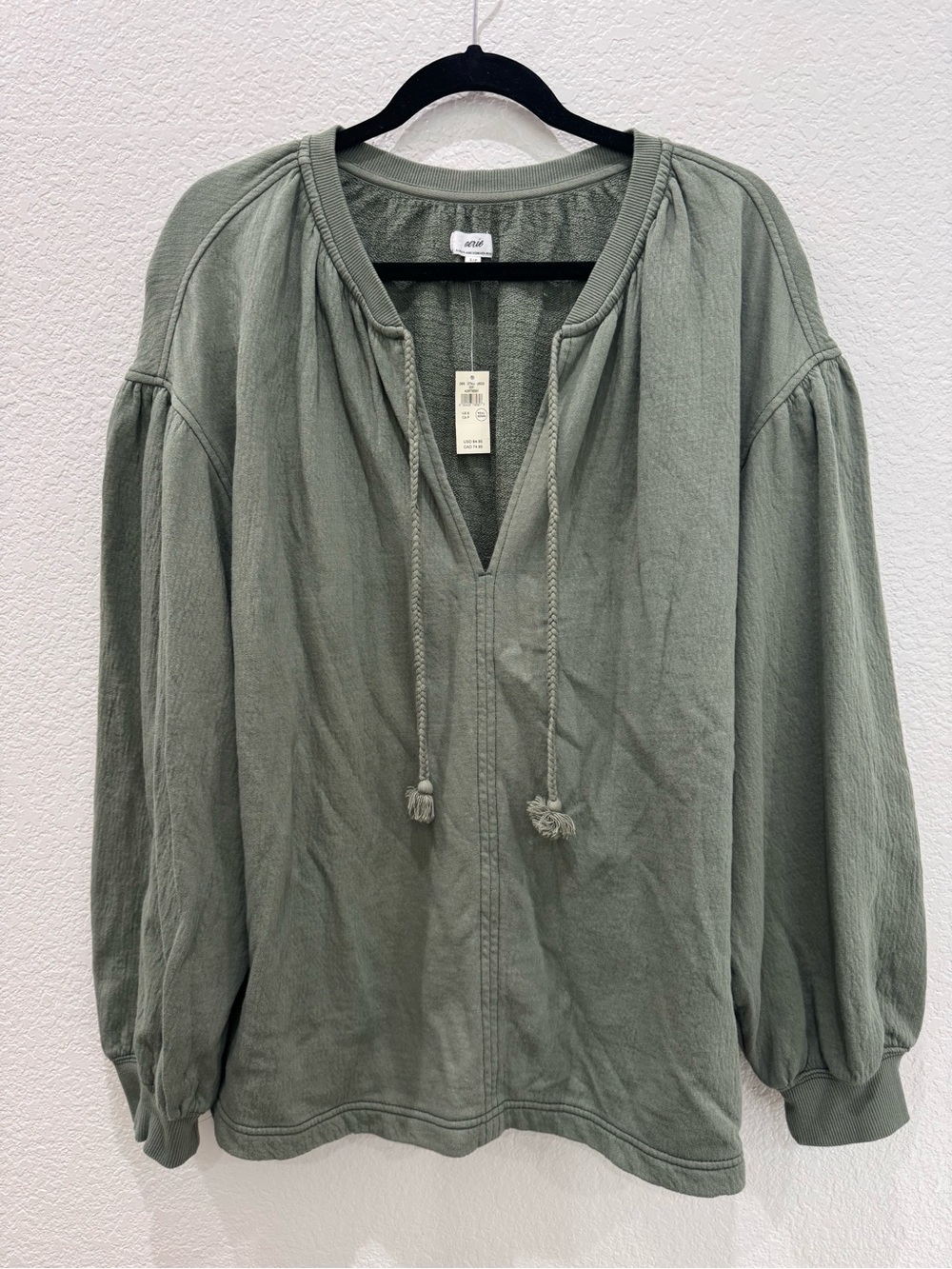 Aerie Real Good Olive Terry Easy Street Pullover Sweatshirt Boho Womens Small NW - Picture 3 of 9